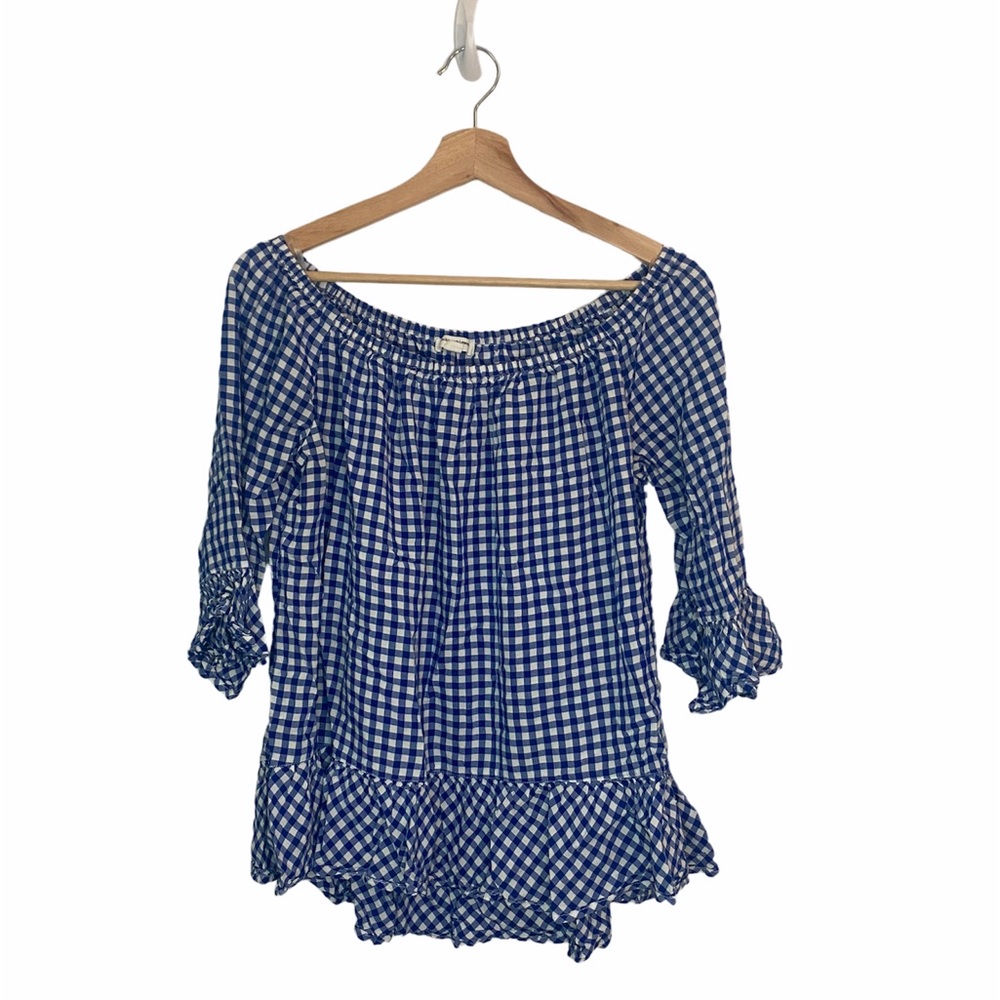 Blue and White Gingham Print Off the Shoulder Blouse